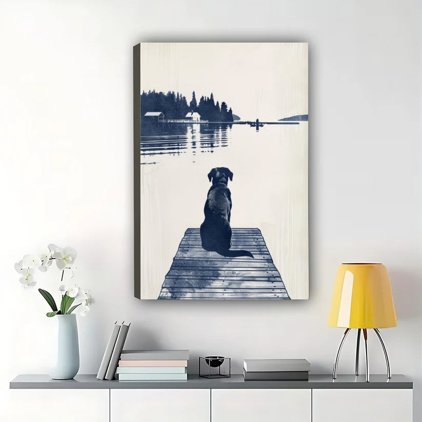 Dog on Dock Lake Landscape Wall Art – Vintage Black & White Dog Canvas Print | W2092
