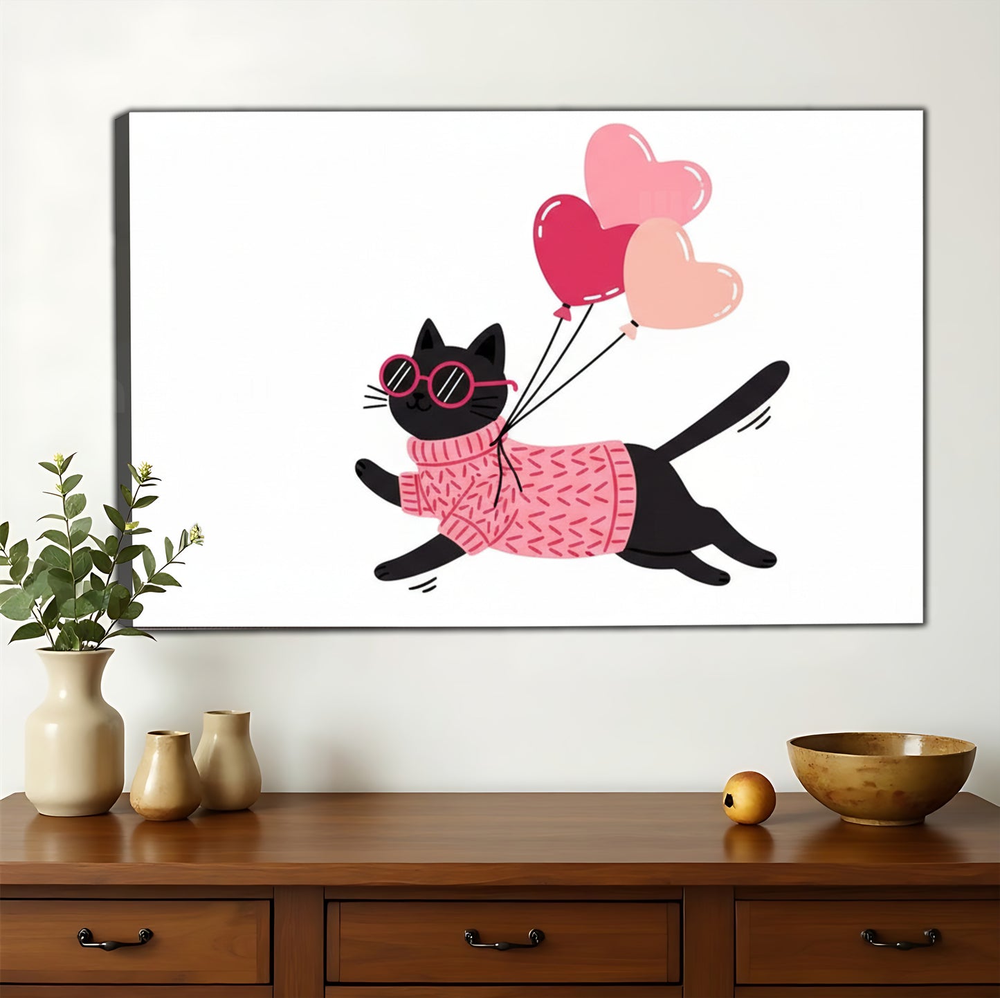 The Balloon-Carrying Pink Cat – Cute Whimsical Cat Wall Art on Natural Wood Canvas | W677