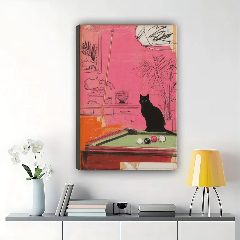 Black Cat at Pool Table – Retro Pop Art Wall Art on Natural Wood Canvas | W816