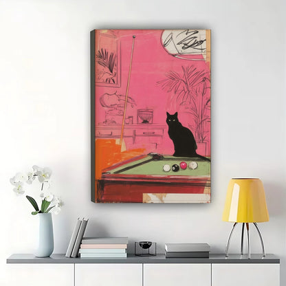 Black Cat at Pool Table – Retro Pop Art Wall Art on Natural Wood Canvas | W816
