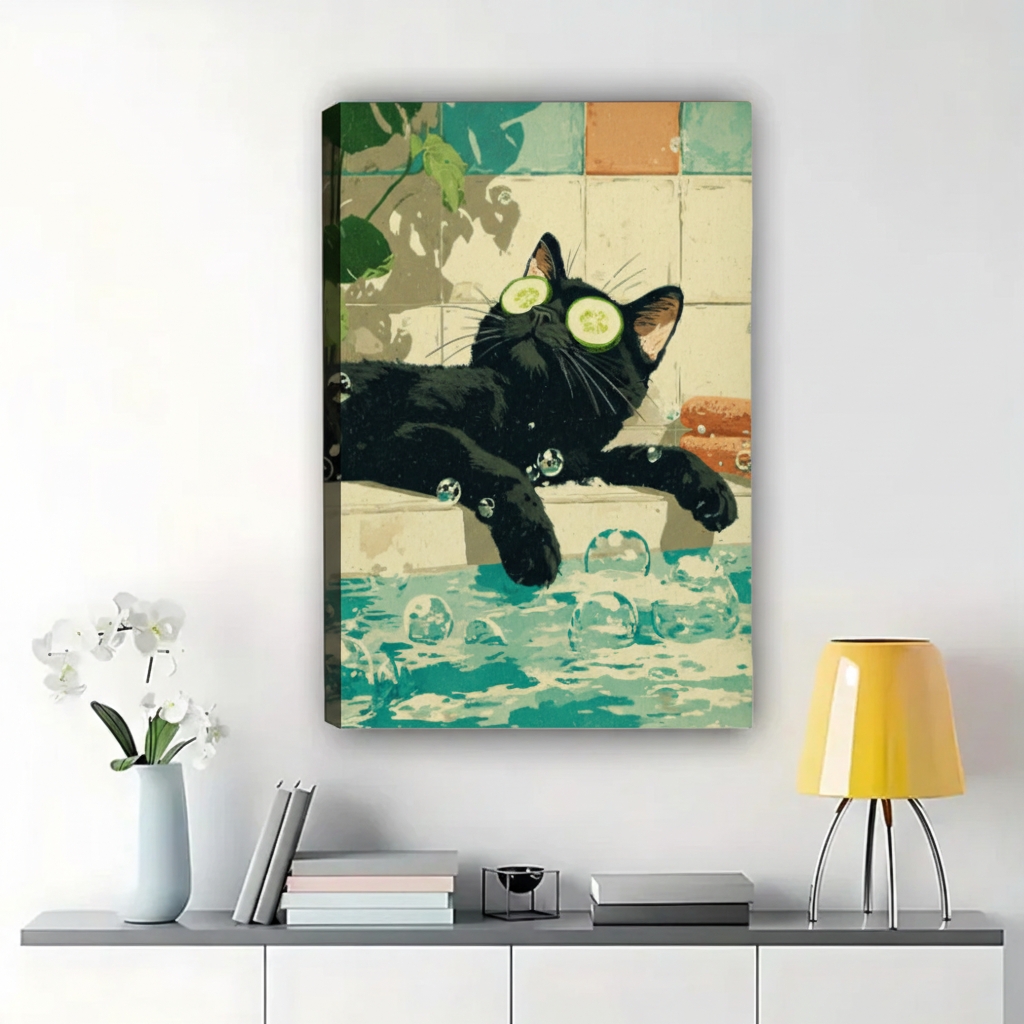 Black Cat Spa Bath Wall Art – Whimsical Luxury Cat Canvas Print on Natural Wood Frame | W2266