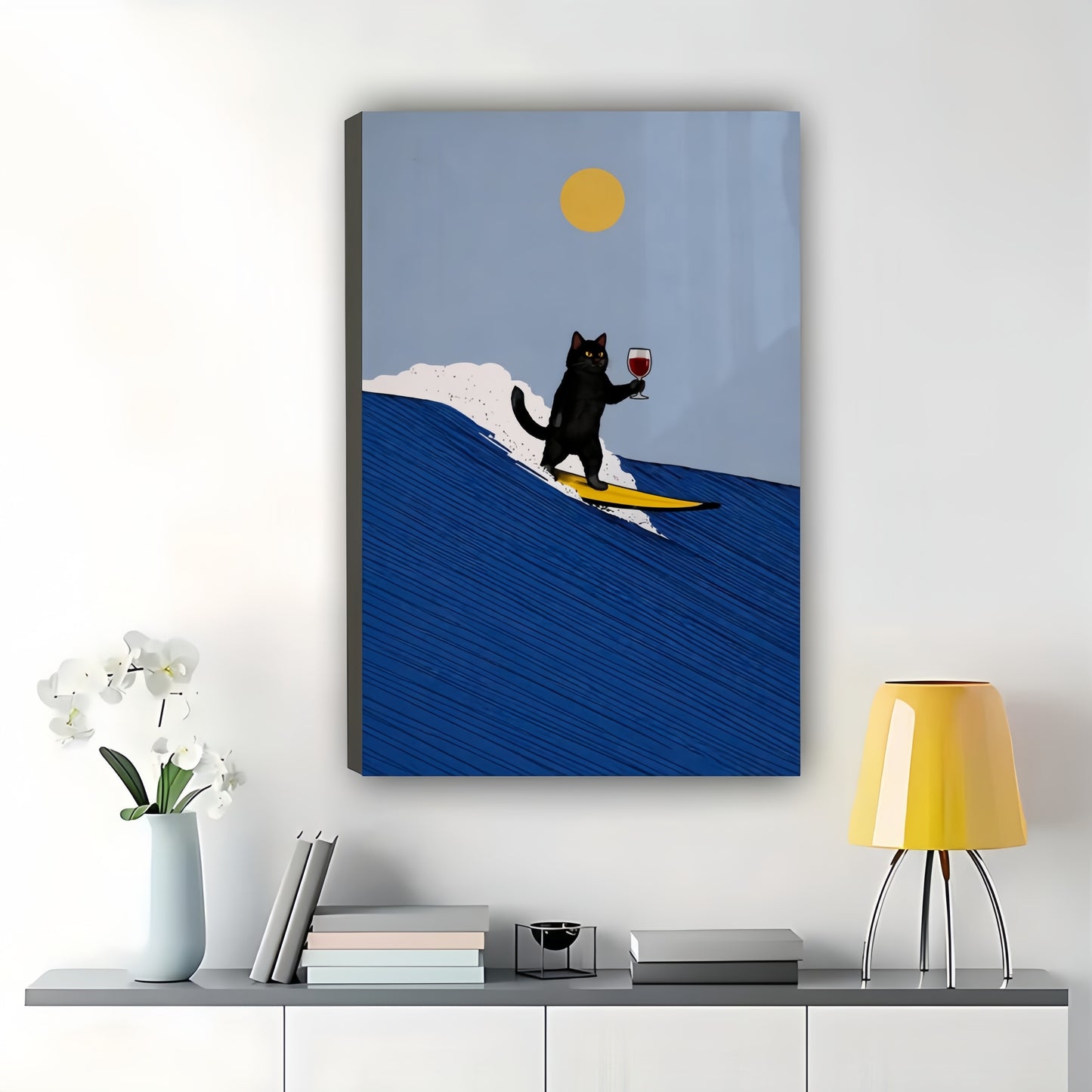 Surfing Black Cat on Ocean Wave – Playful Beach-Themed Wall Art on Natural Wood Canvas | W806