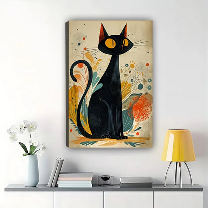 Mid-Century Modern Black Cat – Abstract Floral Cat Wall Art on Natural Wood Canvas | W2066