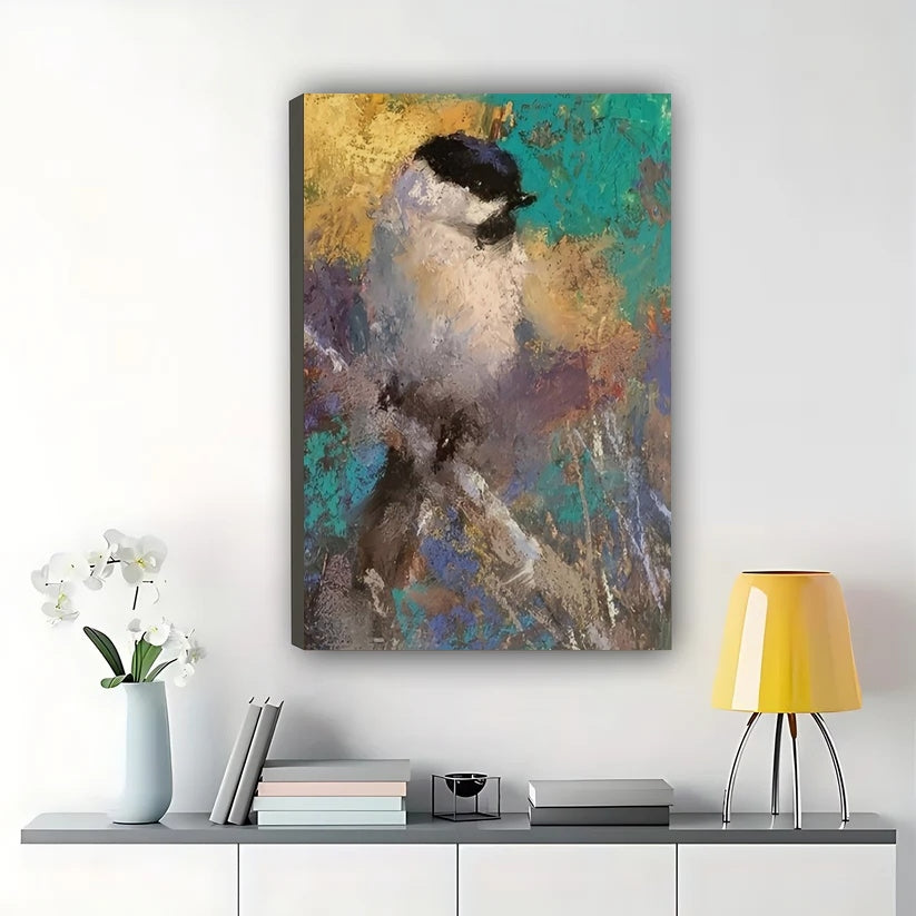 Chickadee Bird Impressionist Wall Art – Textured Teal and Gold Canvas Print on Natural Wood Frame | W2421