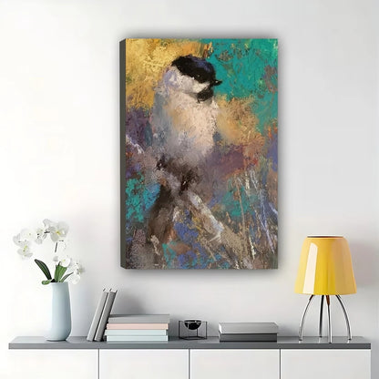 Chickadee Bird Impressionist Wall Art – Textured Teal and Gold Canvas Print on Natural Wood Frame | W2421