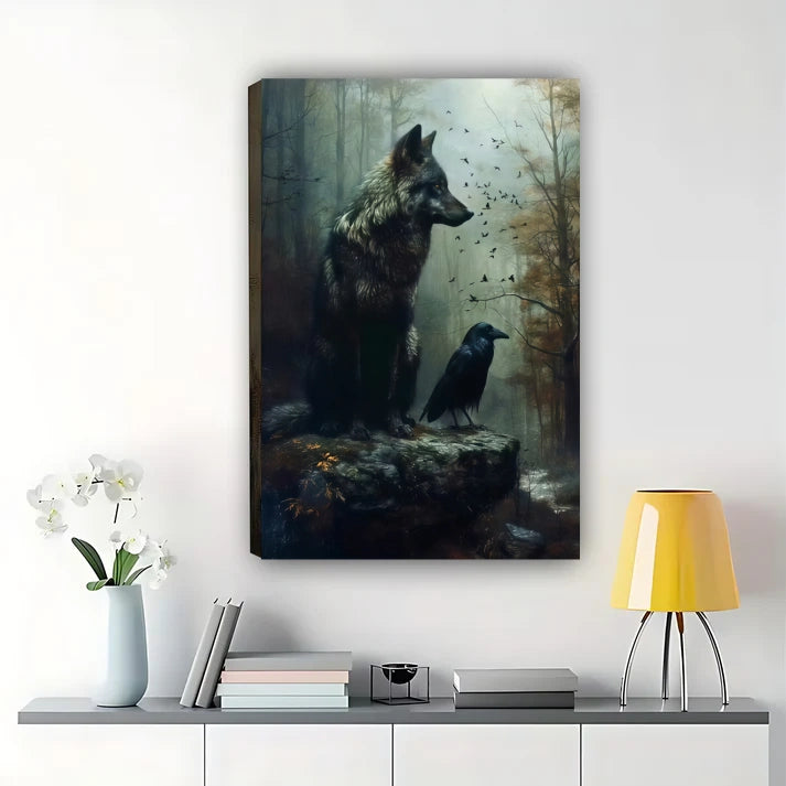 Wolf and Raven Wall Art - Mystical Forest Wildlife Print| W1042