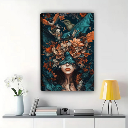 Surreal Woman with Birds and Flowers Wall Art Canvas|W1097