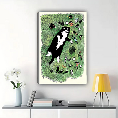 Cat in Grass Wall Art - Whimsical Nature Illustration Print|W1209