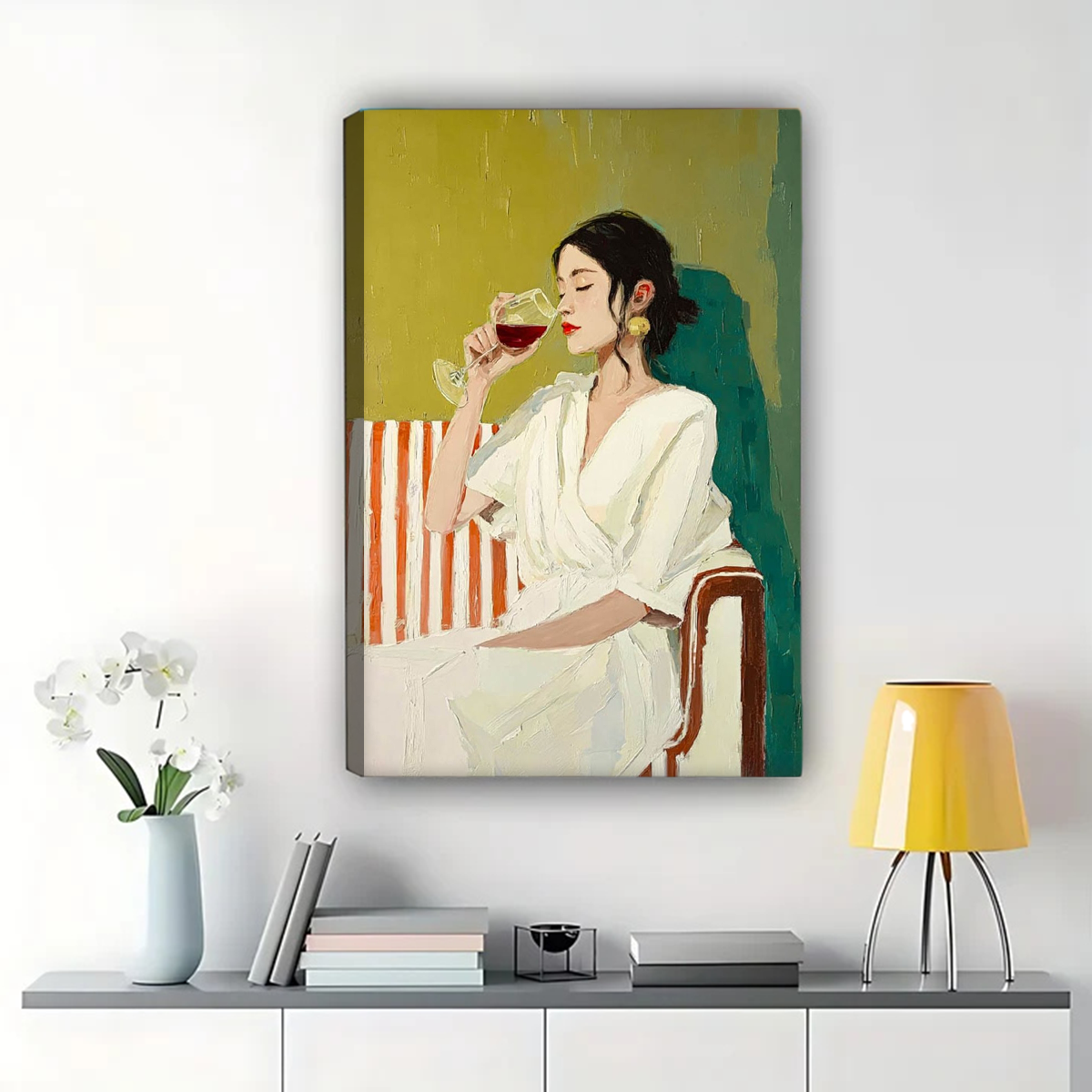 Woman with Wine Canvas Art - Modern Impressionist Portrait|W1201