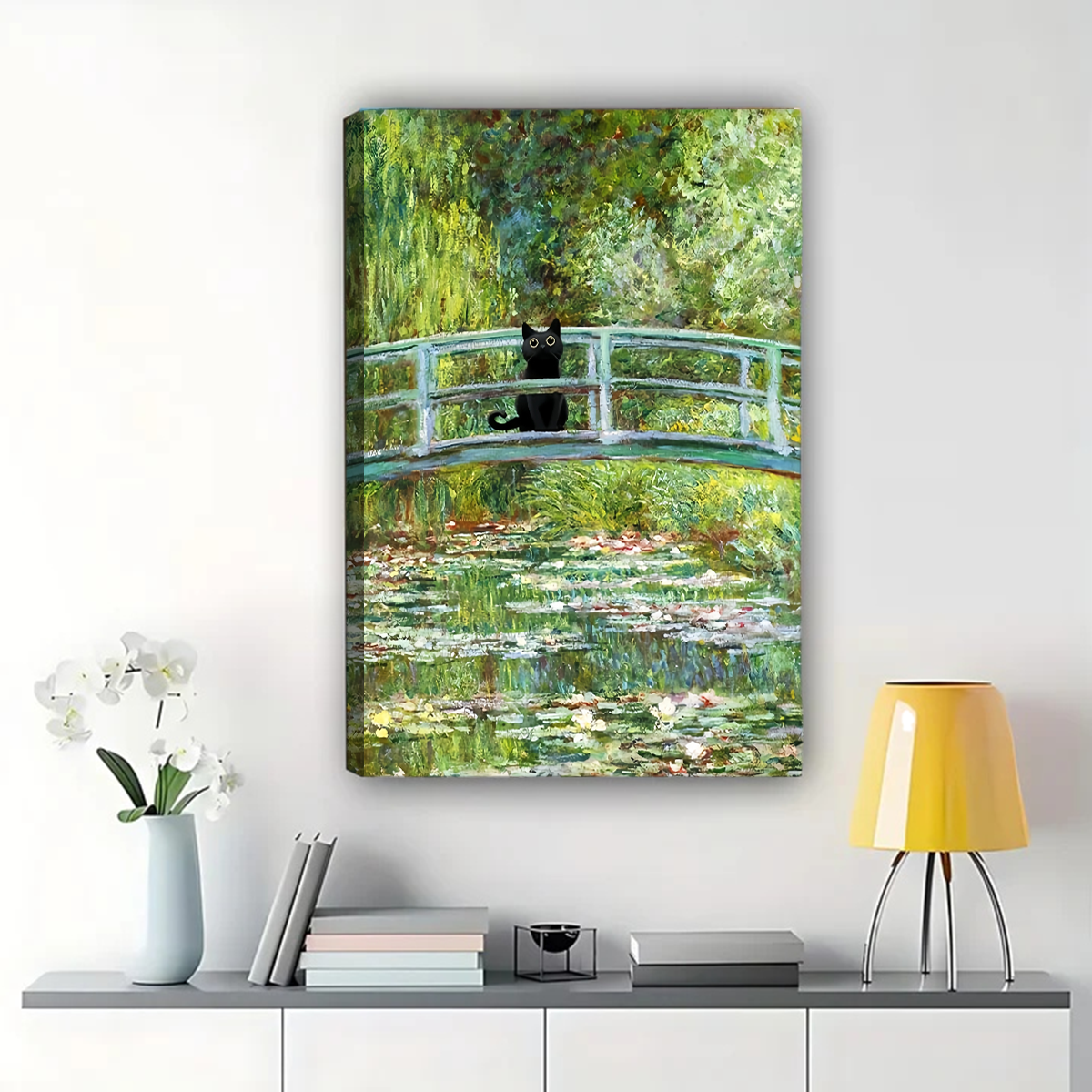 Black Cat on Monet Bridge Wall Art - Impressionist Garden Print|W1232