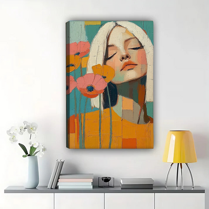 Woman with Flowers Abstract Art - Colorful Modern Portrait Print|W1246