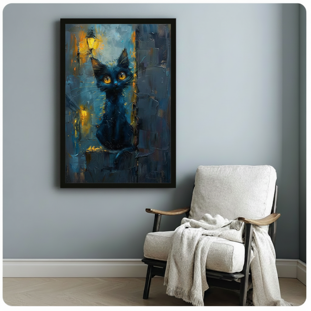Impressionist Black Cat Night Canvas Art w6606