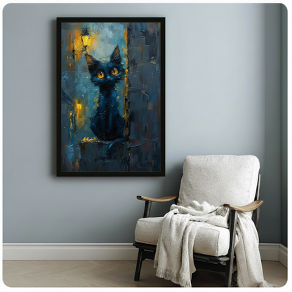Impressionist Black Cat Night Canvas Art w6606