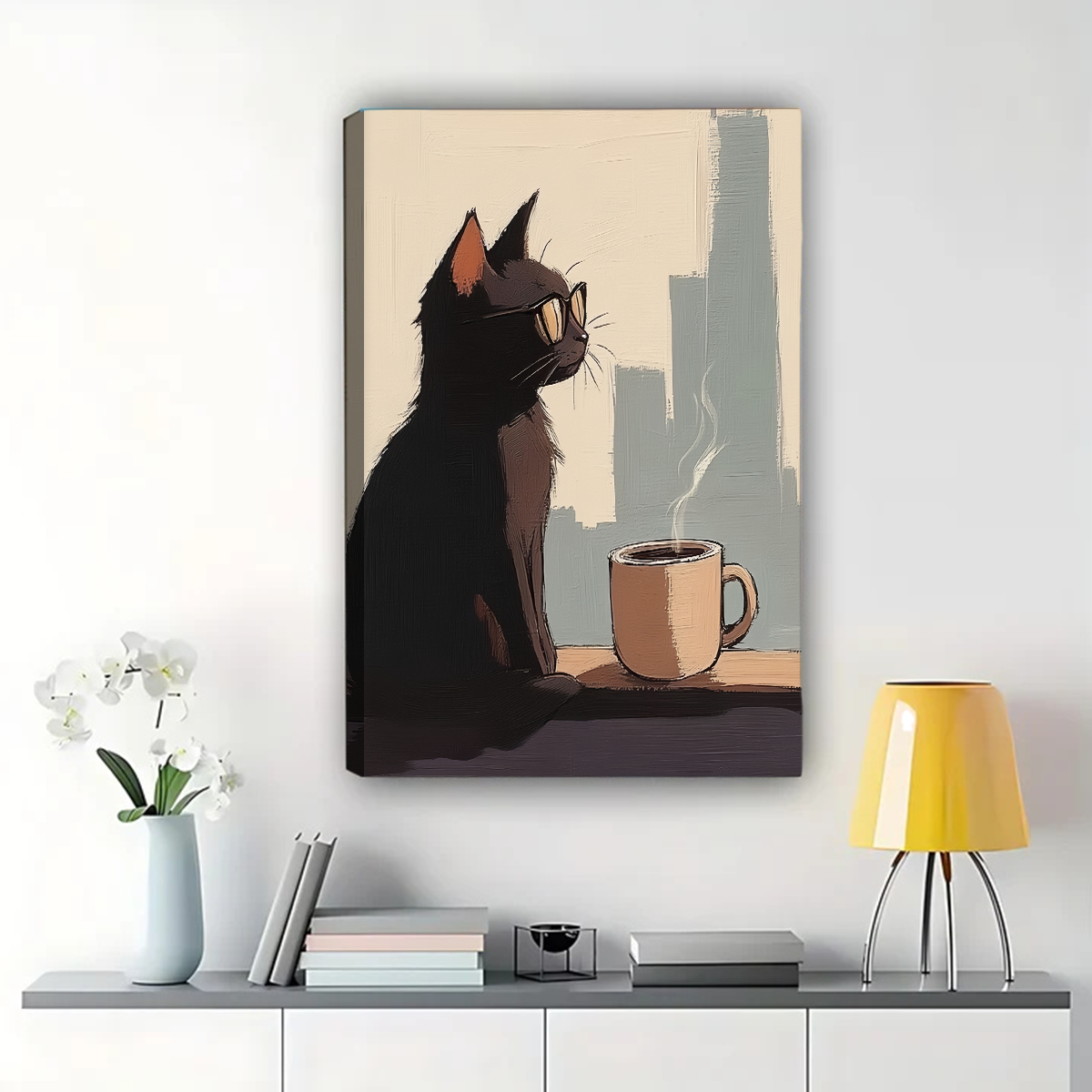 Cool Cat Coffee Canvas Print - Urban Morning Vibes Wall Art|W1183