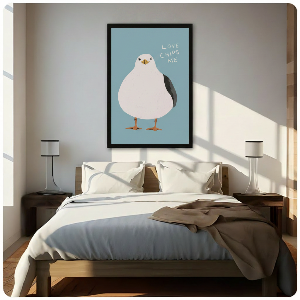 Funny seagull Love Chips Me canvas print displayed in styled coastal home — quirky beach house wall decor