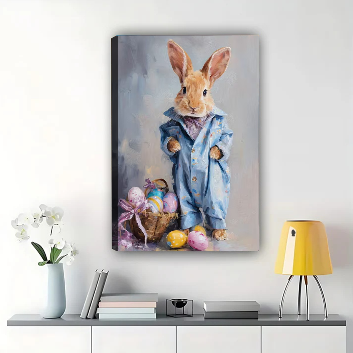 Easter Bunny with Eggs Canvas Print - Cute Spring Holiday Wall Art|W1125