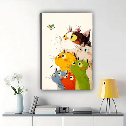 Colorful Cats Wall Art - Whimsical Multi-Cat Canvas Print|W1128