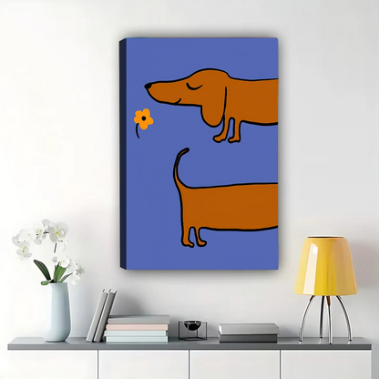 Dachshund Smelling Flower Wall Art - Minimalist Blue Dog Canvas Print|W1351