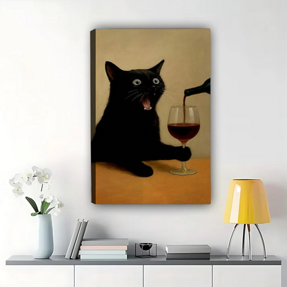 Funny Black Cat with Wine Glass Art Print - Humorous Wall Decor|W1138