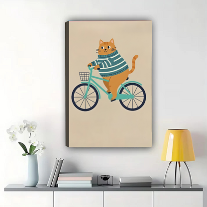 Cat Riding Bicycle Canvas Art - Whimsical Orange Tabby Print|W1069