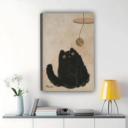 Black Cat & Yarn Ball Wall Art – Cute Chubby Cat Canvas|W1462