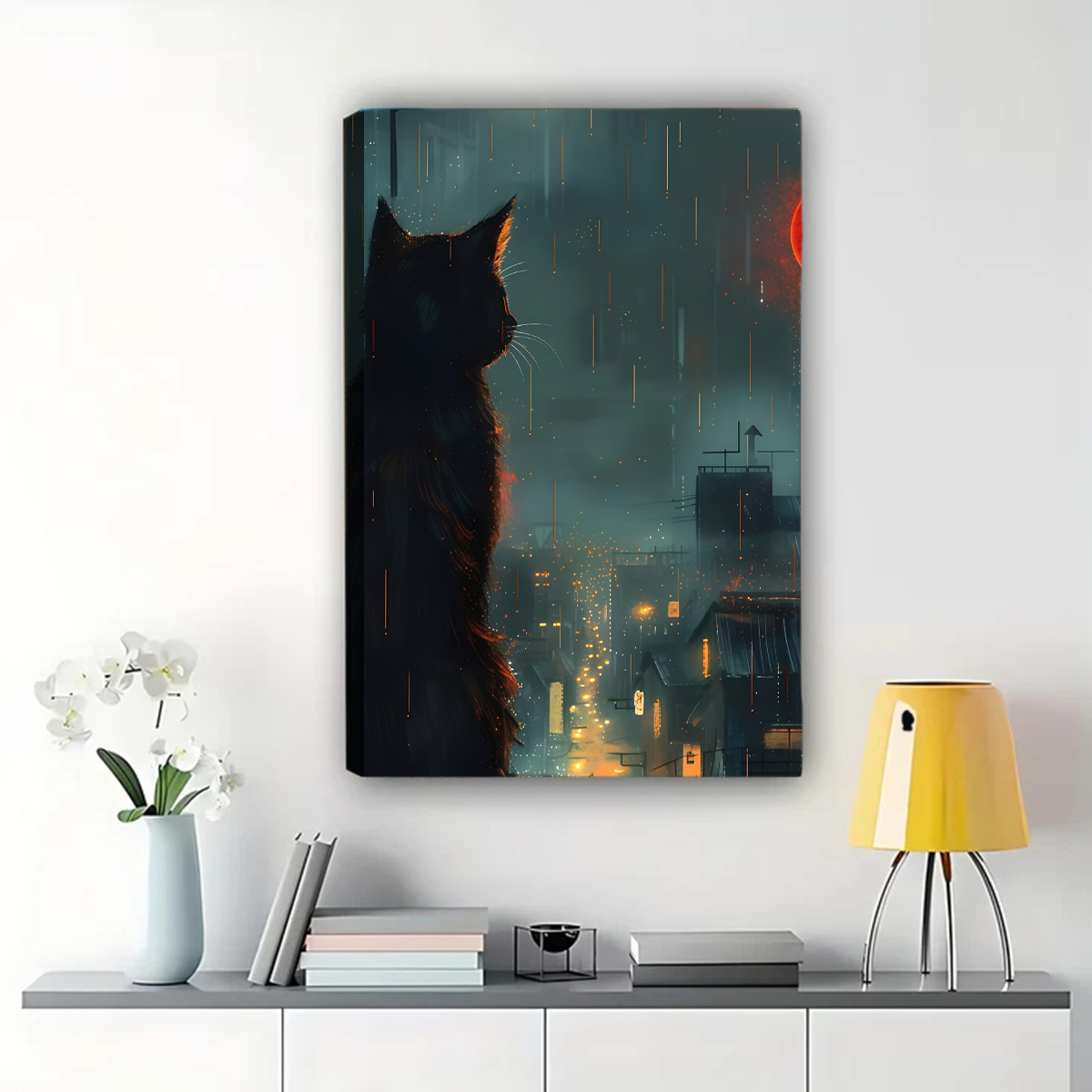 Cat Silhouette in Rainy City Night Art - Moody Urban Wall Decor|W1167