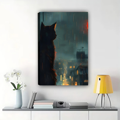 Cat Silhouette in Rainy City Night Art - Moody Urban Wall Decor|W1167