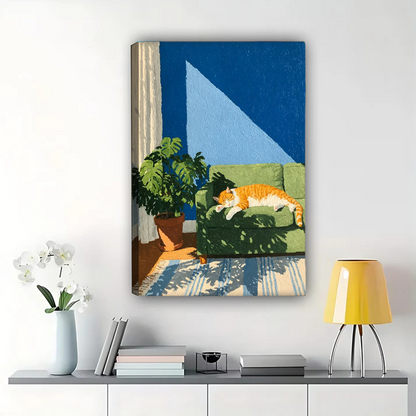 Cat Napping on Couch Wall Art - Modern Boho Pet Portrait Print|W1228