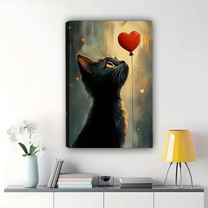 Black Cat with Red Heart Balloon Canvas Wall Art|W1089