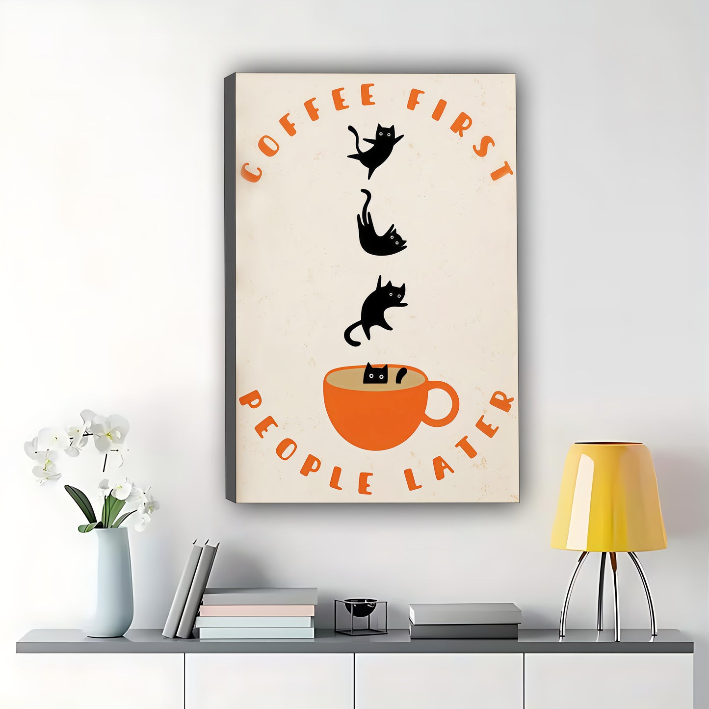 The Coffee-First Cat Crew – Playful Retro Wall Art on Natural Wood Canvas | W578