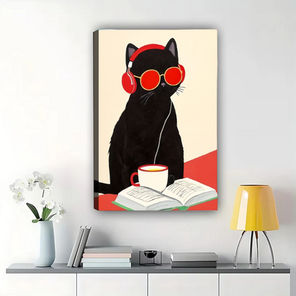 Cool Cat Reading with Coffee Art Print - Framed Wall Decor|W1262