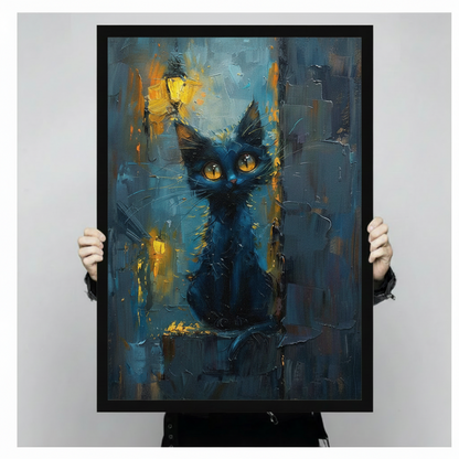 Impressionist Black Cat Night Canvas Art w6606