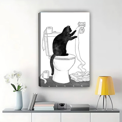 Cat Unrolling Toilet Paper Wall Art - Funny Bathroom Print|W1206
