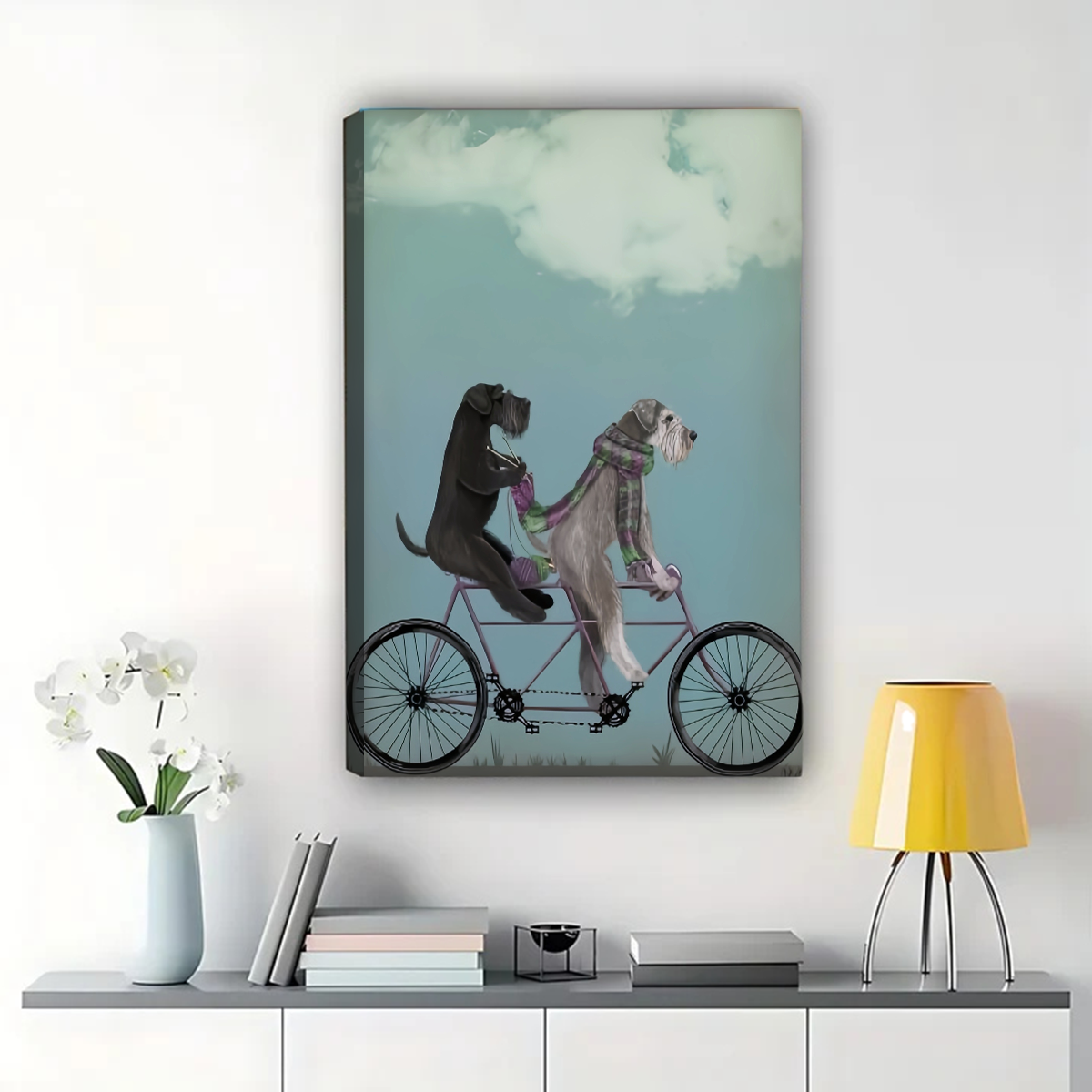 Dogs on Tandem Bike Wall Art - Whimsical Pet Canvas Print|W1199