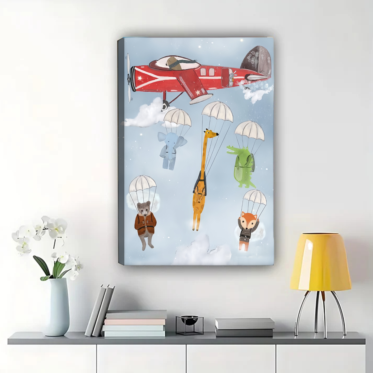 Parachuting Animals Canvas Print - Vintage Airplane Nursery Art|W1186