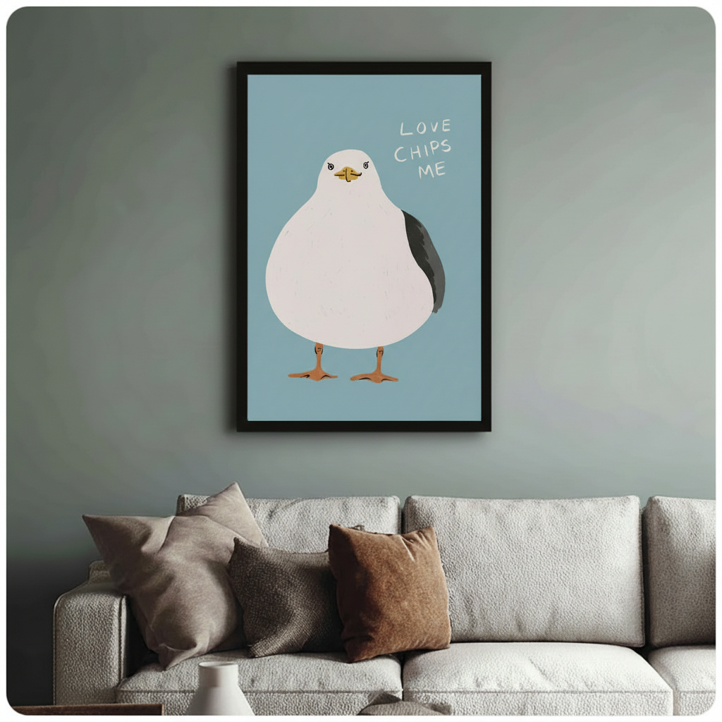 Love Chips Me seagull framed canvas — charming coastal illustration wall art for beach house living room