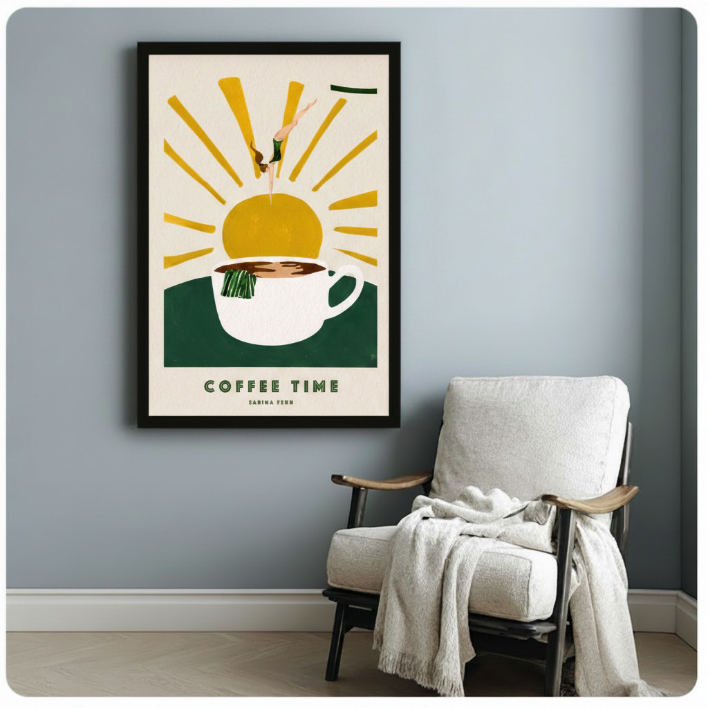 Retro coffee art canvas print – colorful mid-century style wall decor for home office or studio
