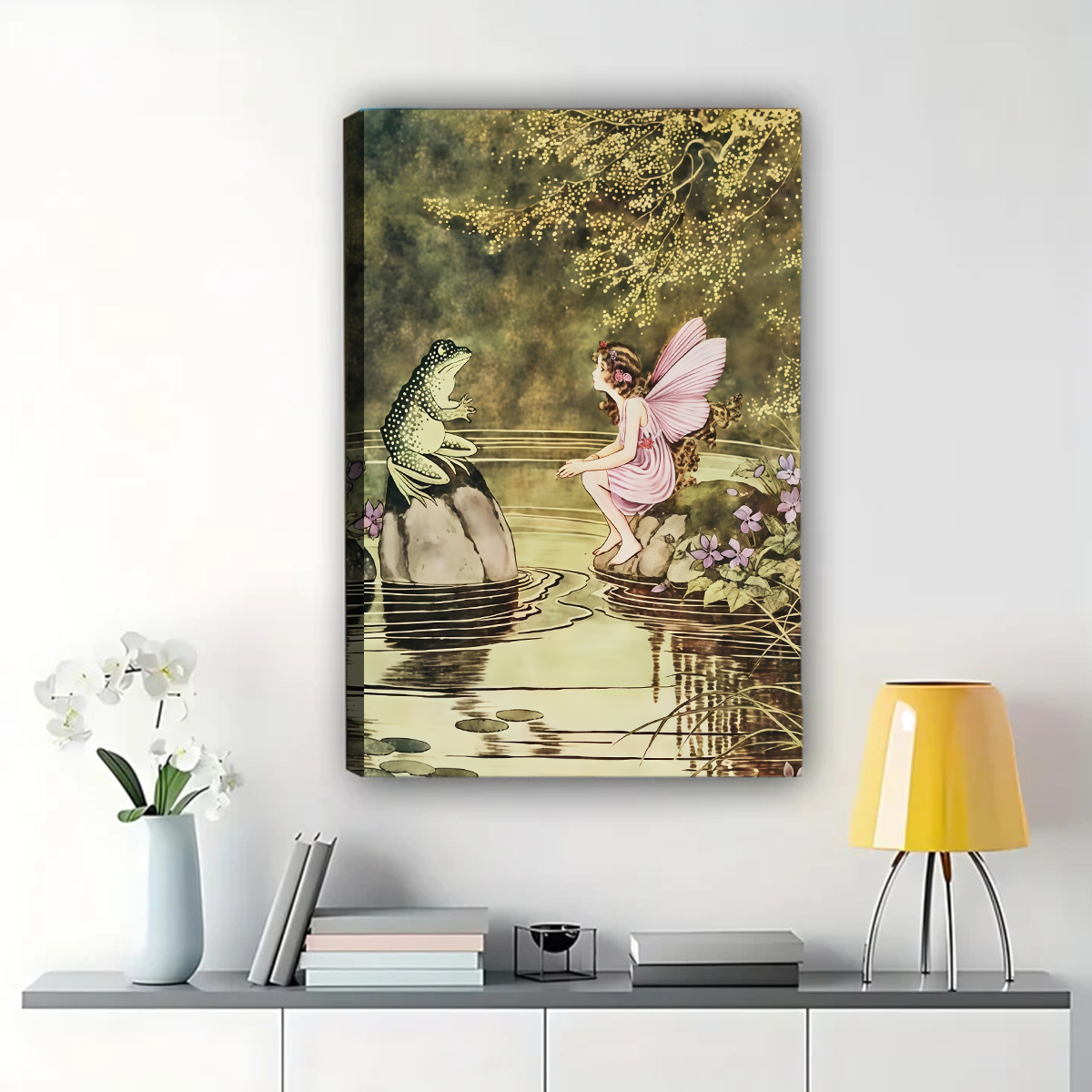 Fairy and Frog Canvas Wall Art - Enchanted Pond Scene|W1065