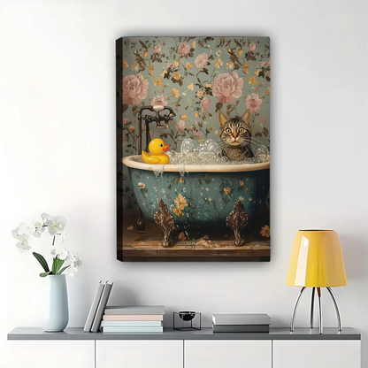 Cat in Vintage Bathtub Canvas Wall Art - Floral Bathroom Decor with Rubber Duck|W1060