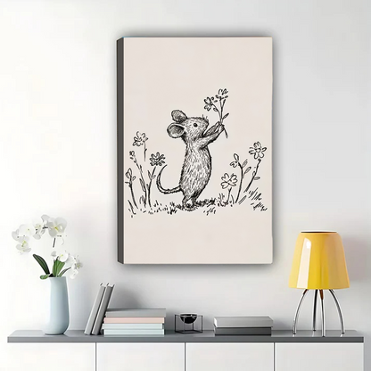Mouse Smelling Flowers Line Art Print - Minimalist Black & White|W1068