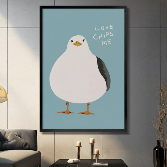 Love Chips Me seagull framed canvas wall art — funny coastal humor illustration print for beach house decor