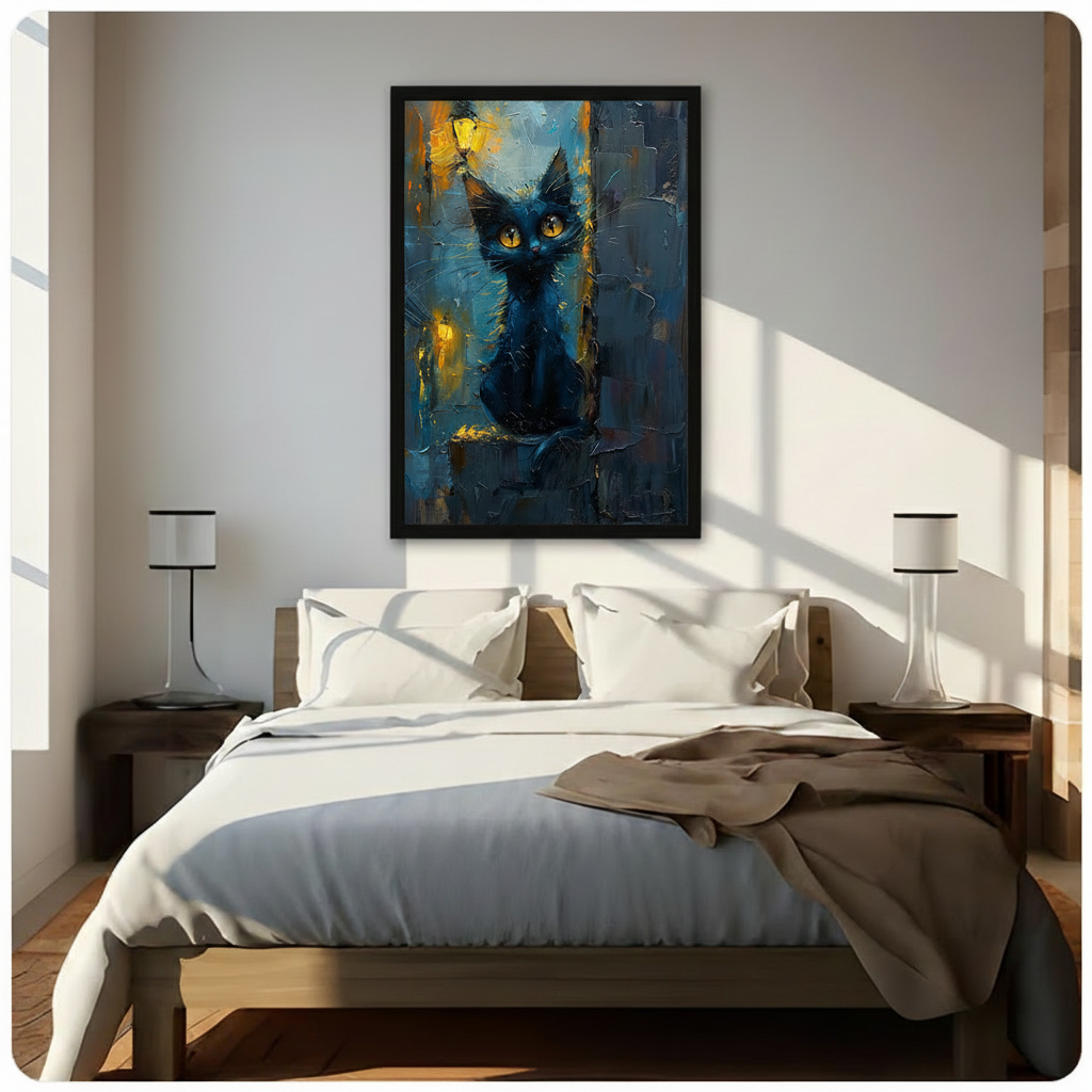 Impressionist Black Cat Night Canvas Art w6606