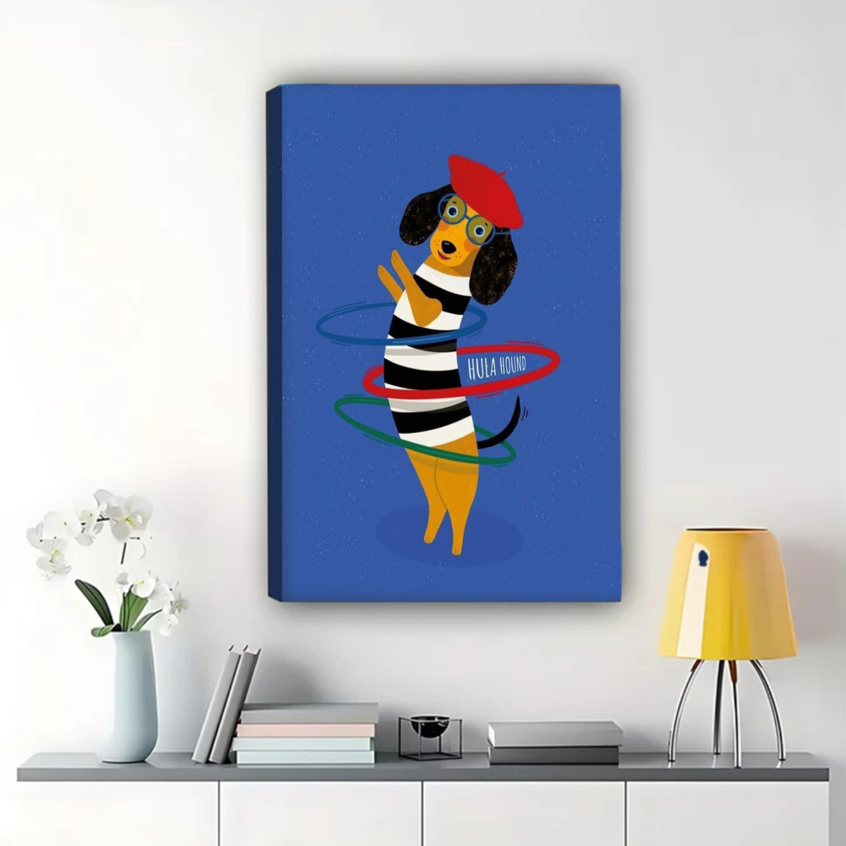 Dog Hula Hooping Wall Art - Playful French Beret Pet Print|W1218