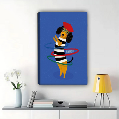 Dog Hula Hooping Wall Art - Playful French Beret Pet Print|W1218