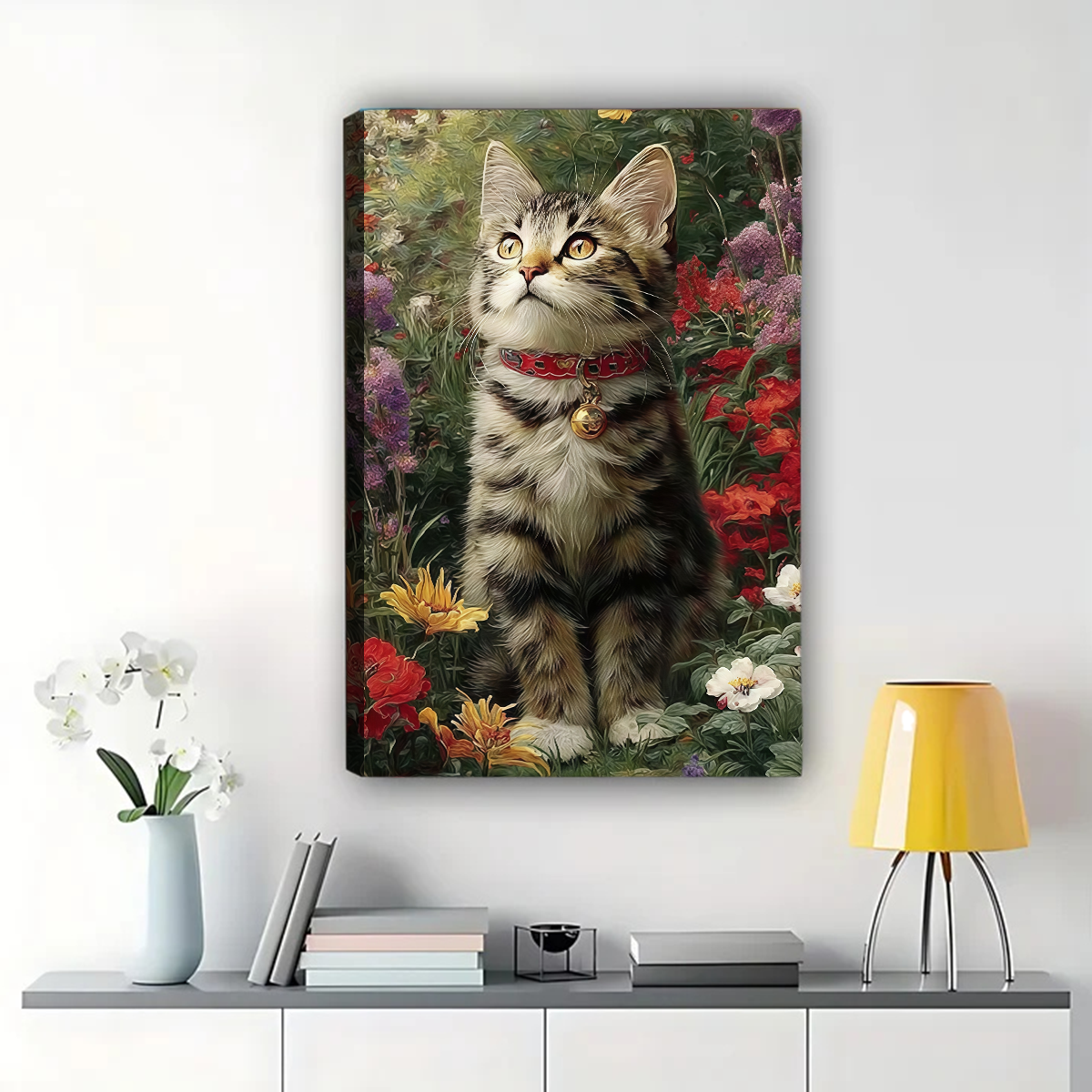 Tabby Kitten in Flower Garden Canvas Art - Red Roses & Sunflowers|W1067