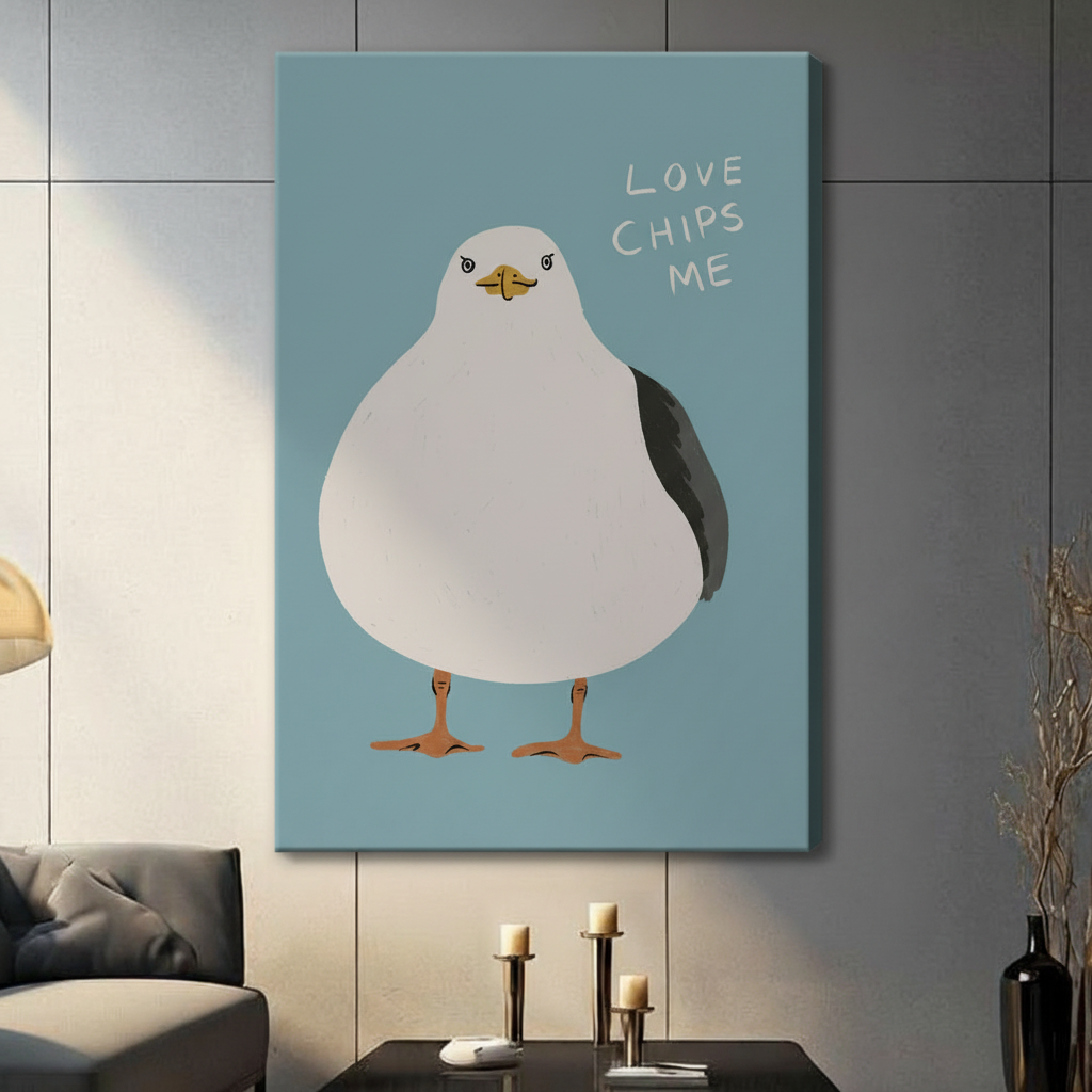 Chubby seagull Love Chips Me stretched canvas print — quirky coastal bird wall art for home decor