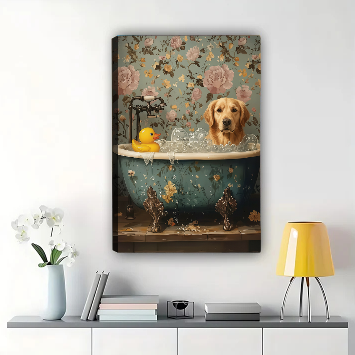 Dog in Bathtub with Rubber Duck Wall Art - Bathroom Decor|W1073