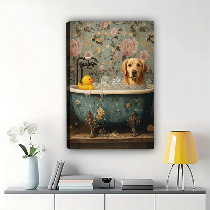 Dog in Bathtub with Rubber Duck Wall Art - Bathroom Decor|W1073