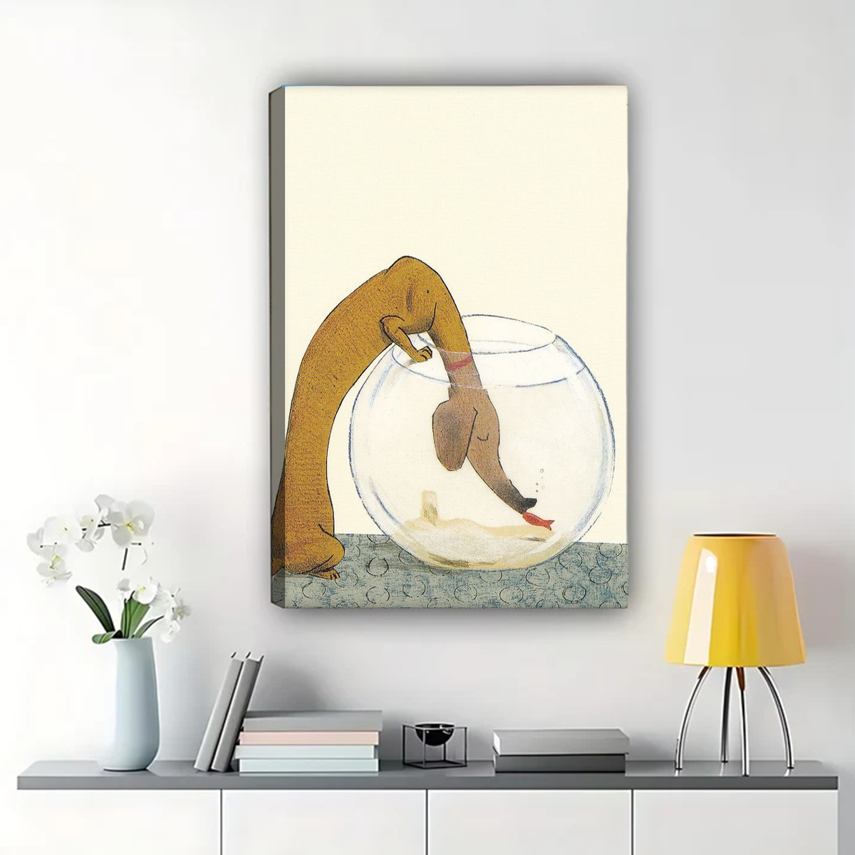 Dog in Fishbowl Wall Art - Whimsical Pet Illustration Print|W1215