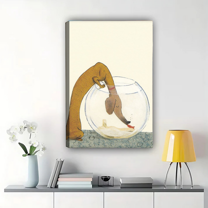 Dog in Fishbowl Wall Art - Whimsical Pet Illustration Print|W1215